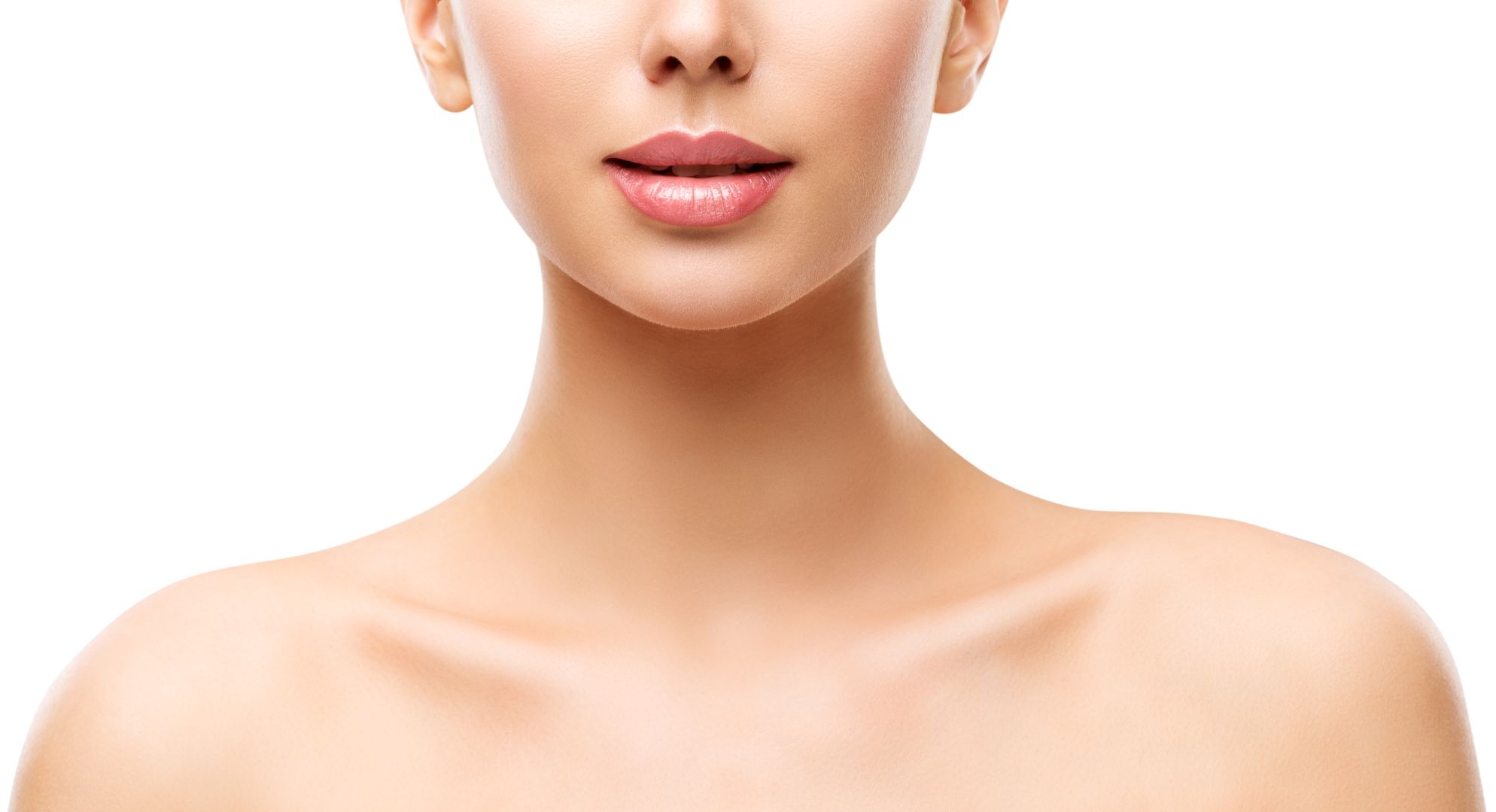 Model Face Lips Neck and Shoulders Isolated over White Background