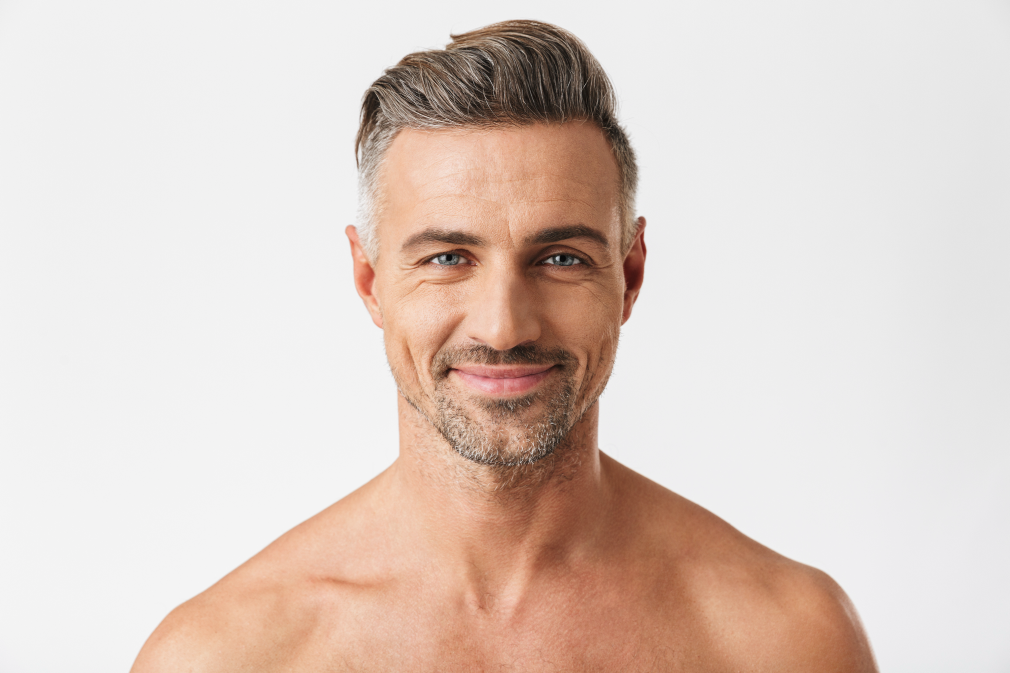 Closeup portrait of european half naked man smiling at camera